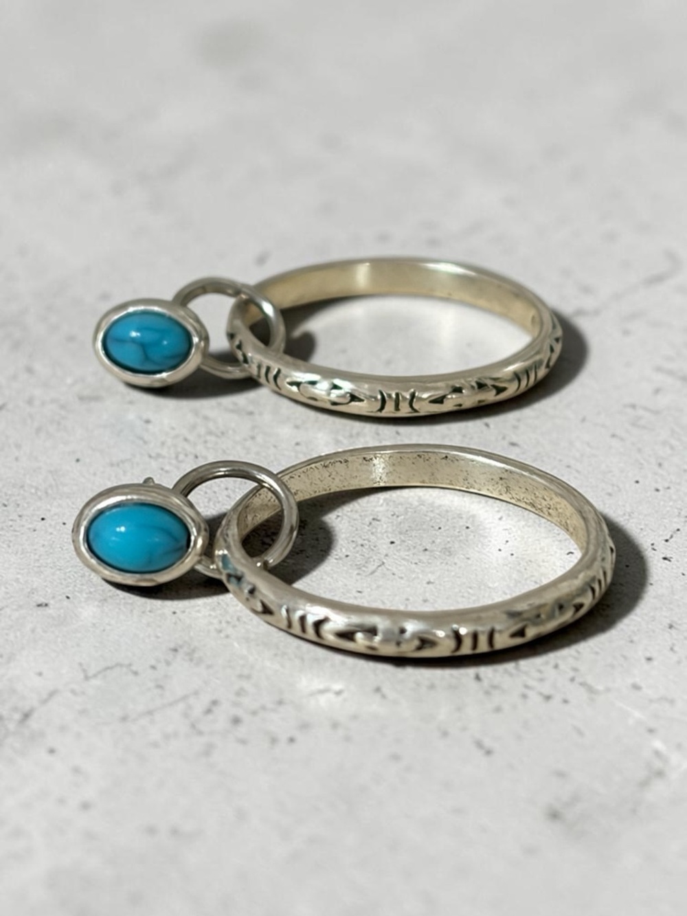 Turquoise Stone Silver Etched Hoop Drop Post Earrings